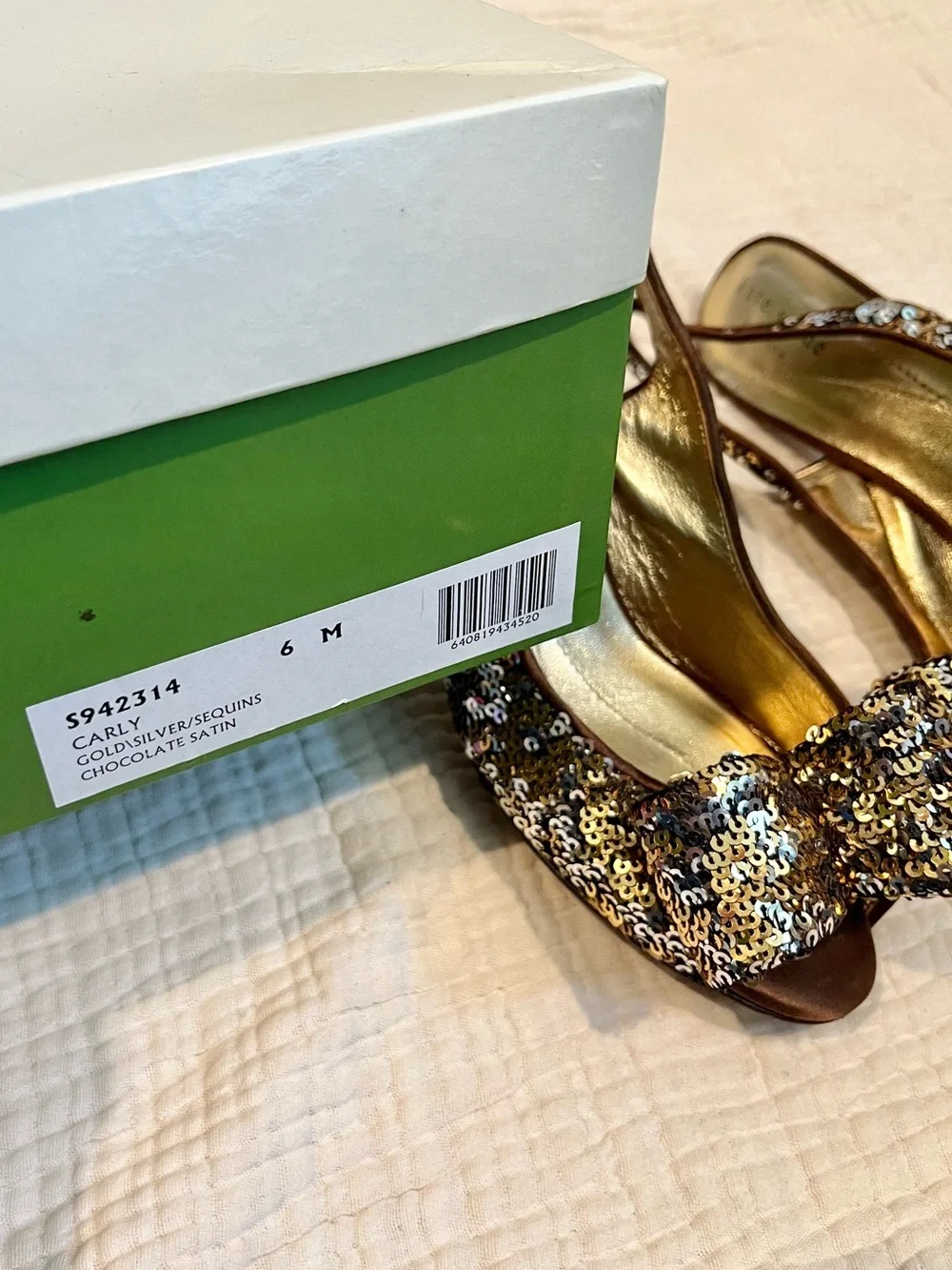 Kate Spade New York Gold Brown Sequin Bow Carly High Heels Open Toe Shoes 6